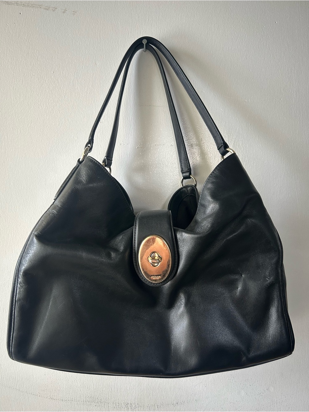 Coach Black Leather Shoulder Bag with Gold-Tone Turnlock
